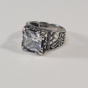 Sterling Silver Gothic Ring Size 7.75 Large Princess Cut Glass Statement Ring